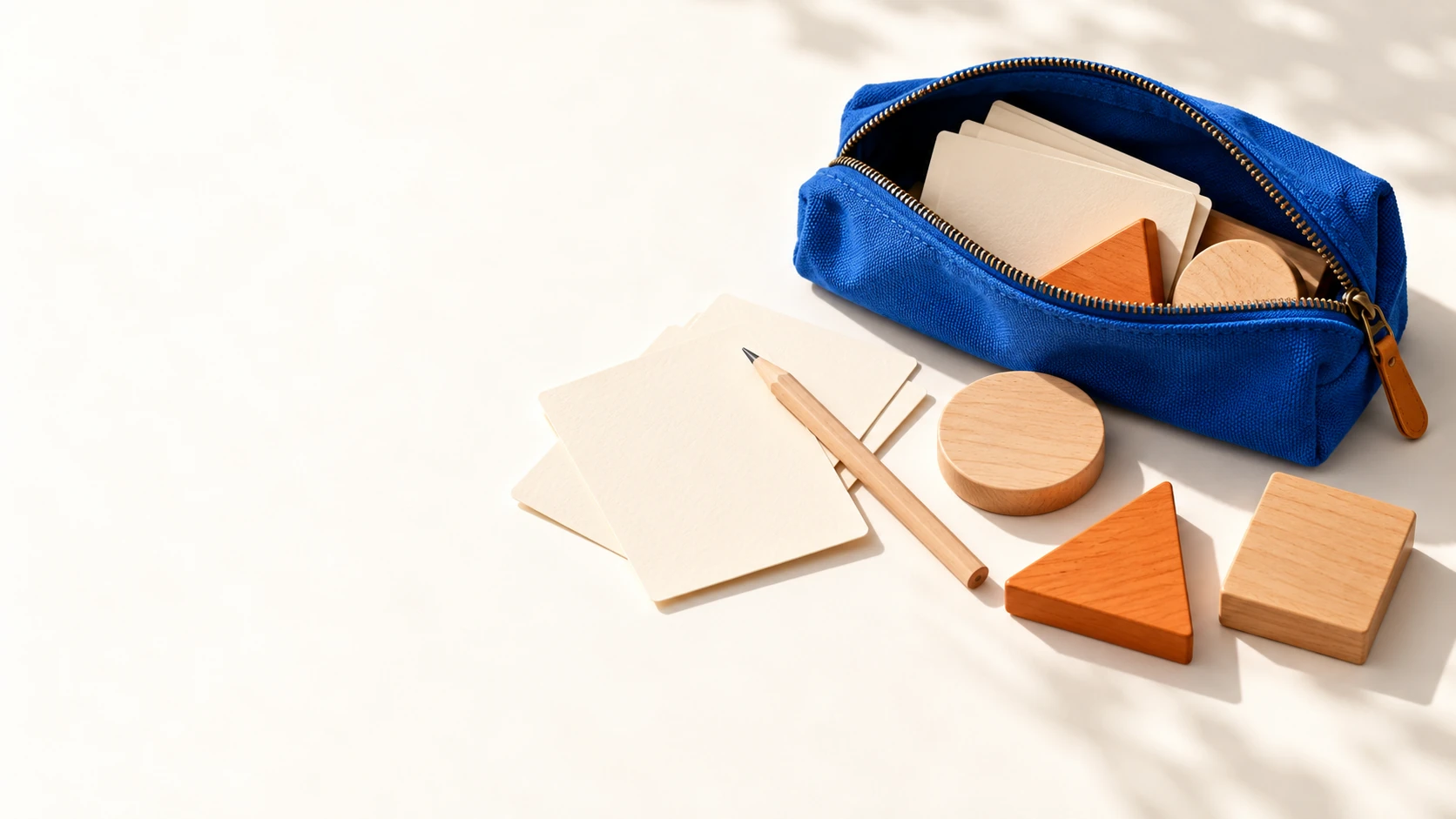 Una bolsa azul de viaje, tarjetas en blanco, un lápiz y formas de madera para actividades matemáticas sin conexión