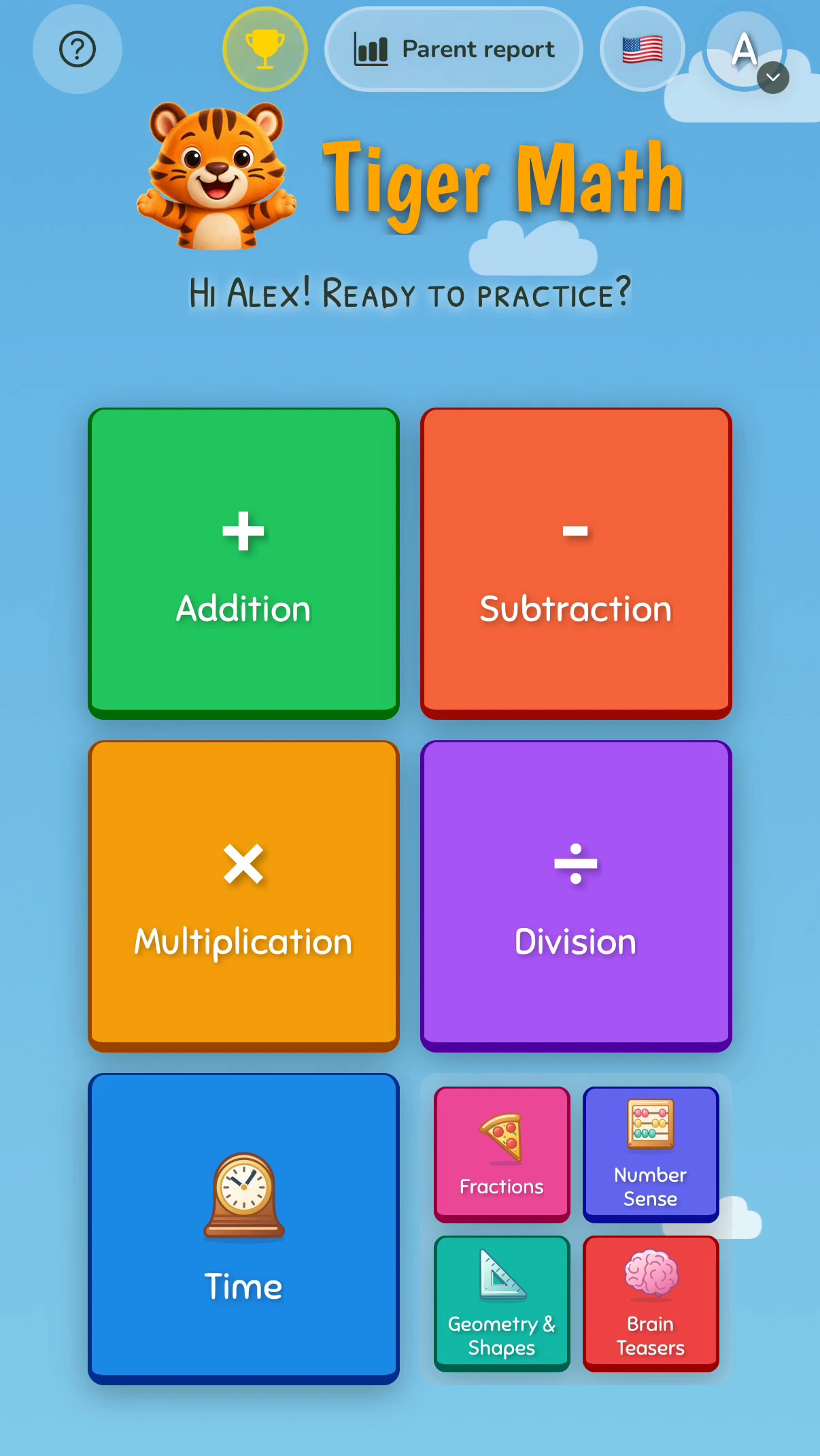 الشاشة الرئيسية لتطبيق Tiger Math للأطفال من 6 إلى 12 عامًا